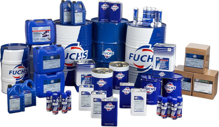 FUCHS Lubricants Product Range - Barrels, Bottles, and Packaging
